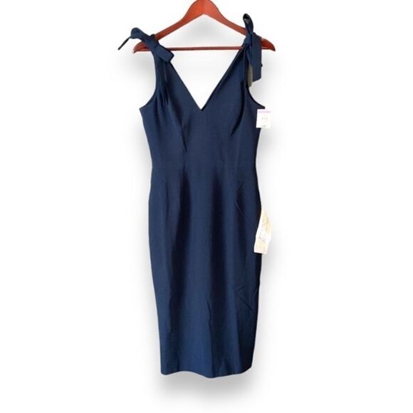 NWT Dress The Population Midnight Blue Lita Tie V-Neck Fitted Midi Dress Medium - Picture 2 of 7